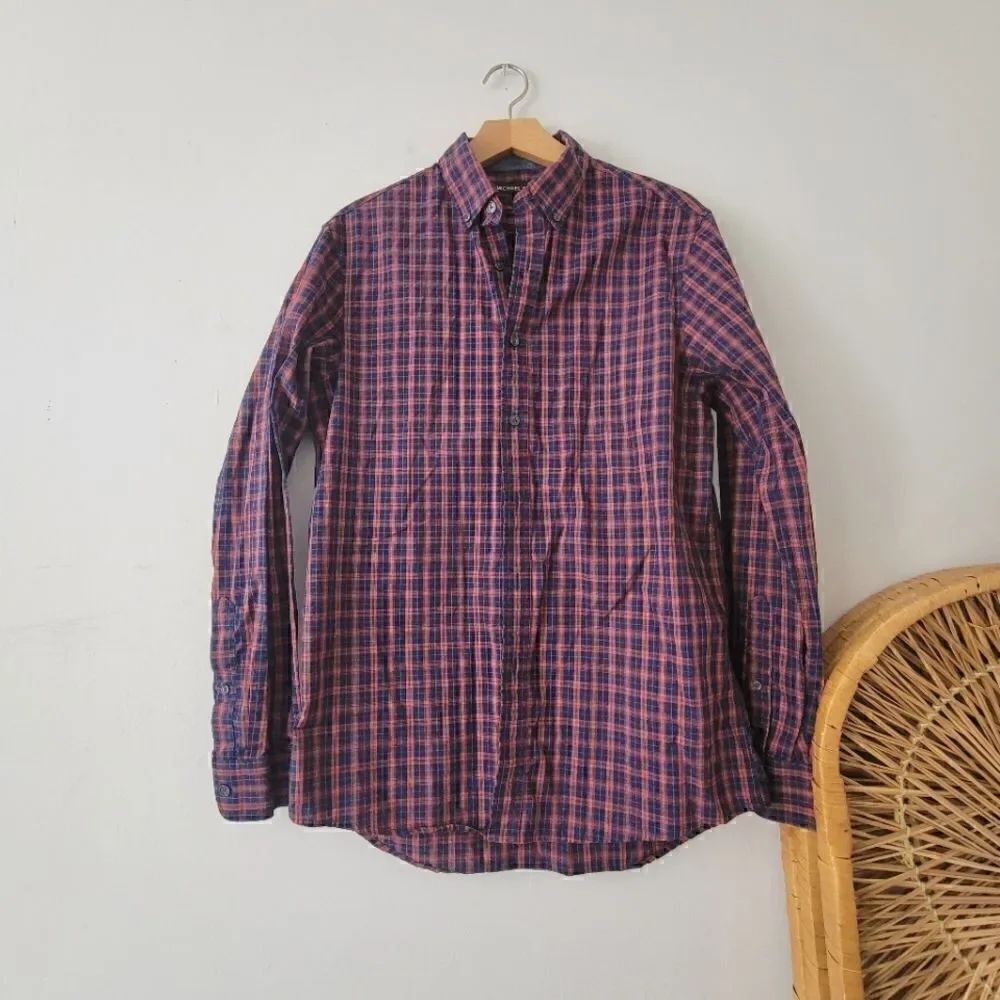 Michael Kors Classic Fit Plaid Button Down Shirt S Blue Pink